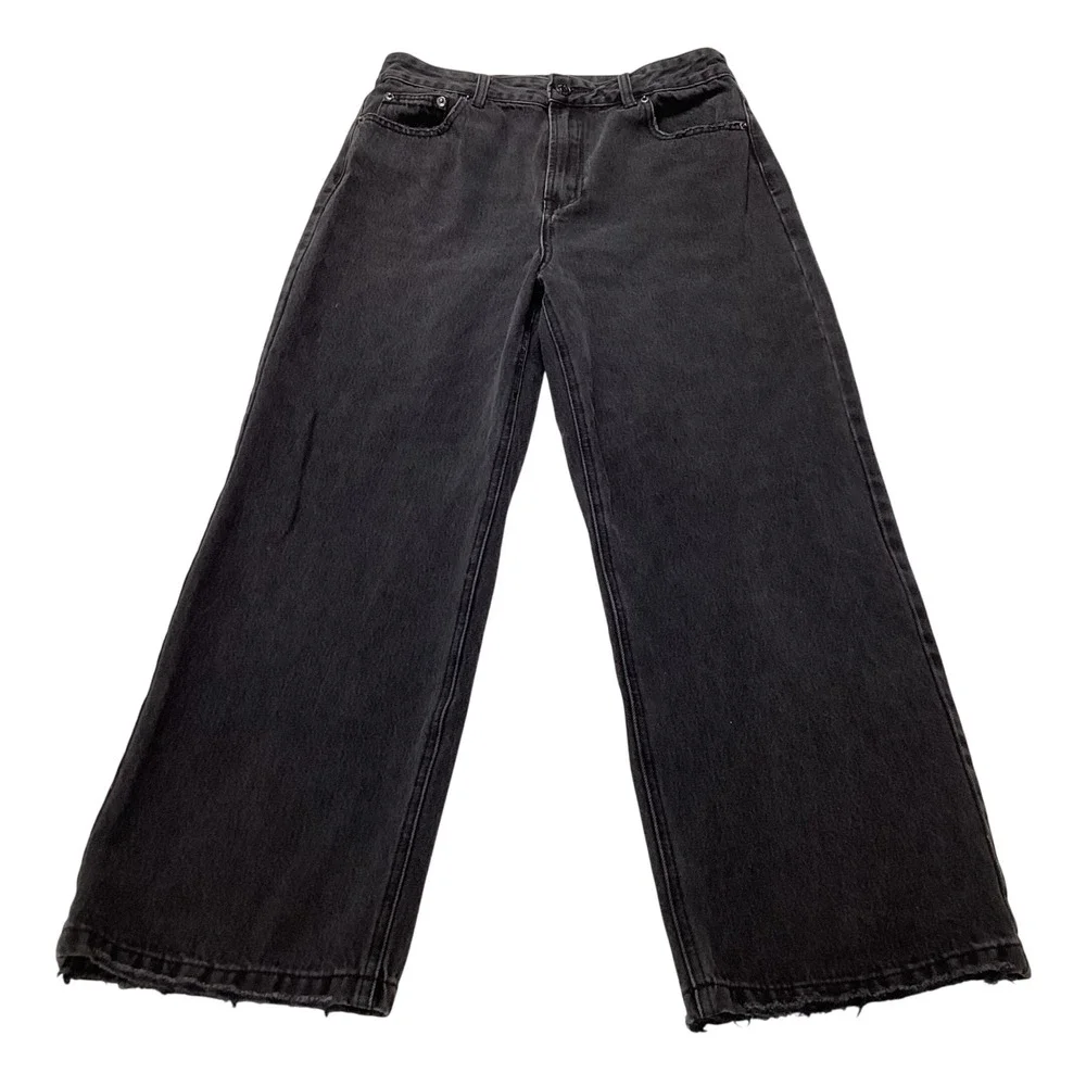 Glassons Black Wide Leg Jeans Women's Size‎ 12 Raw Hem Vintage Washed Denim